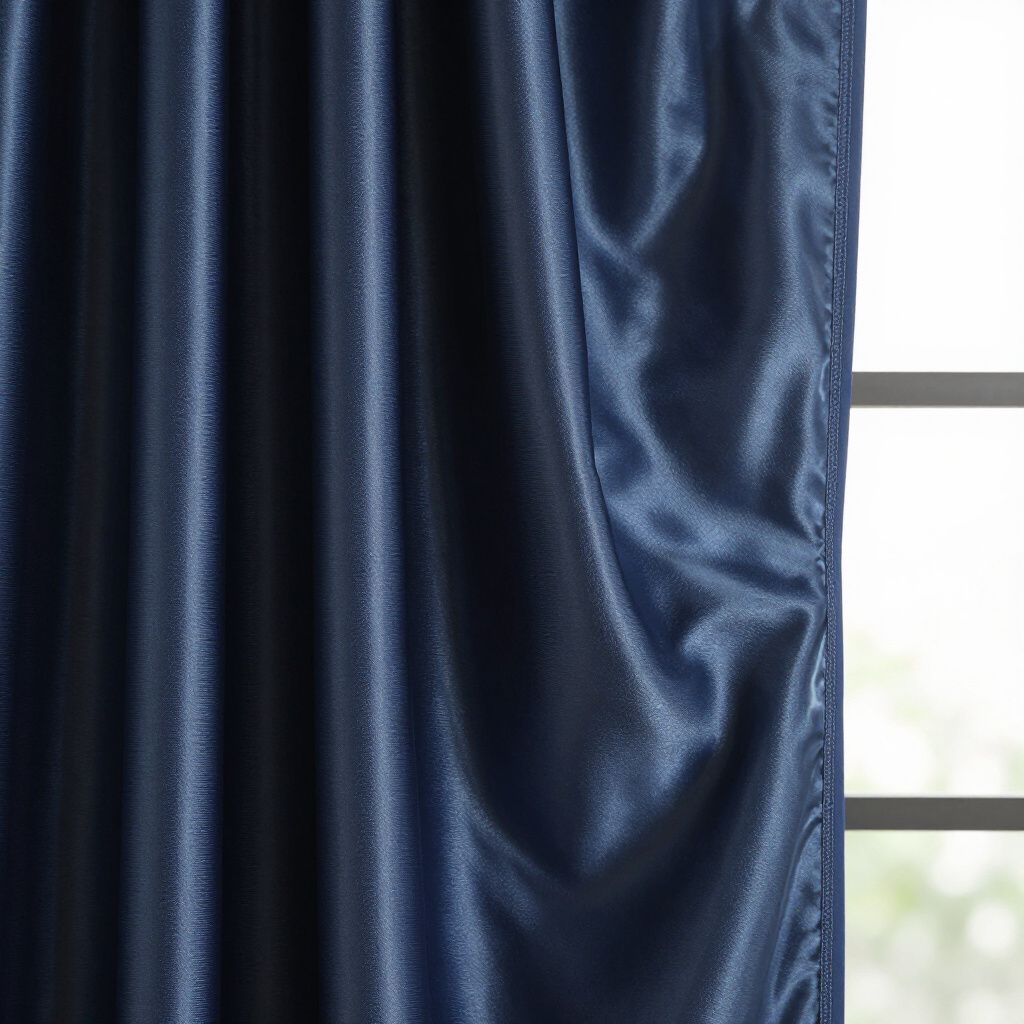 Gros plan sur un rideau de satin bleu à plis verticaux, recouvrant partiellement une fenêtre.