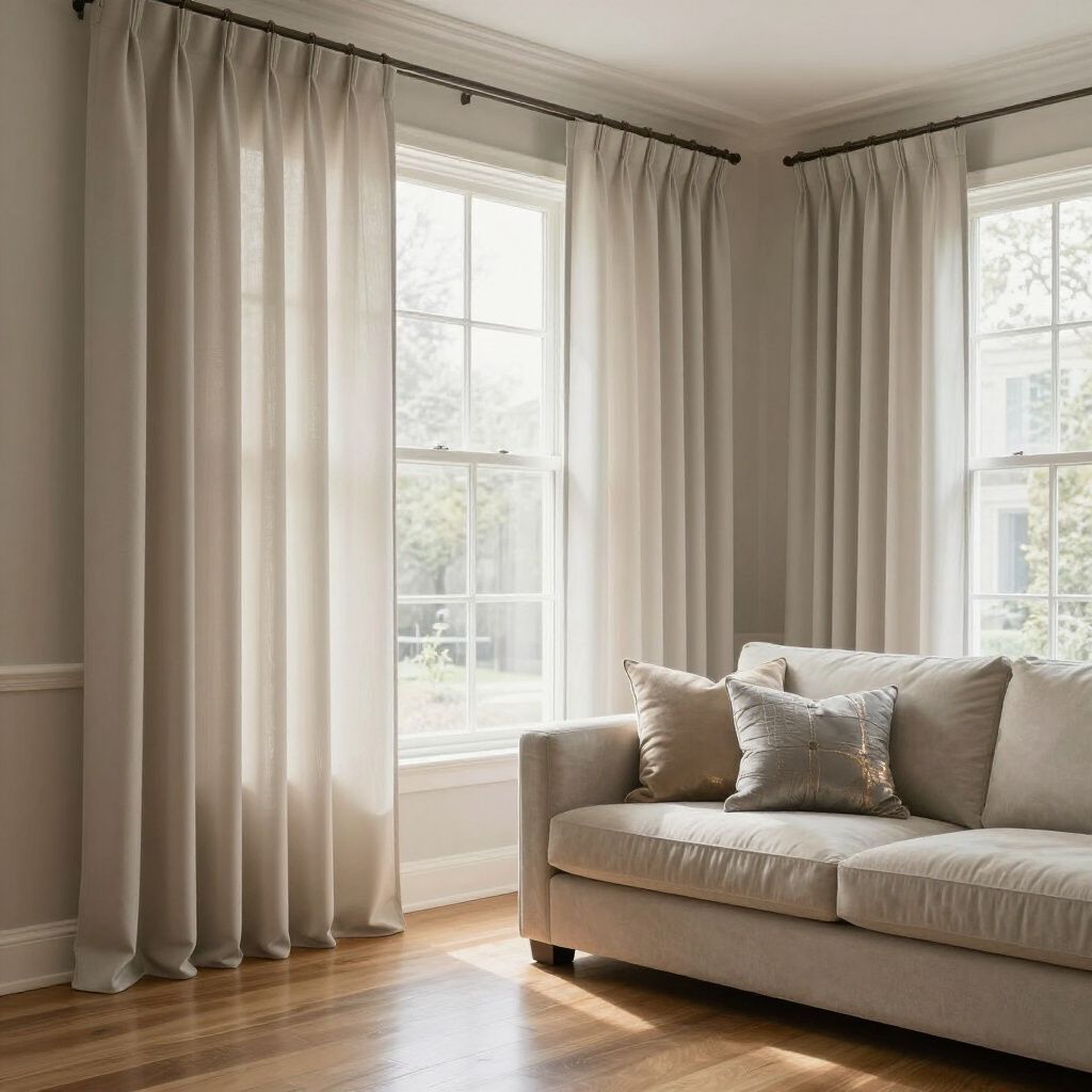 Des rideaux beiges encadrent les fenêtres, la lumière naturelle illumine un canapé agrémenté de coussins, parquet.