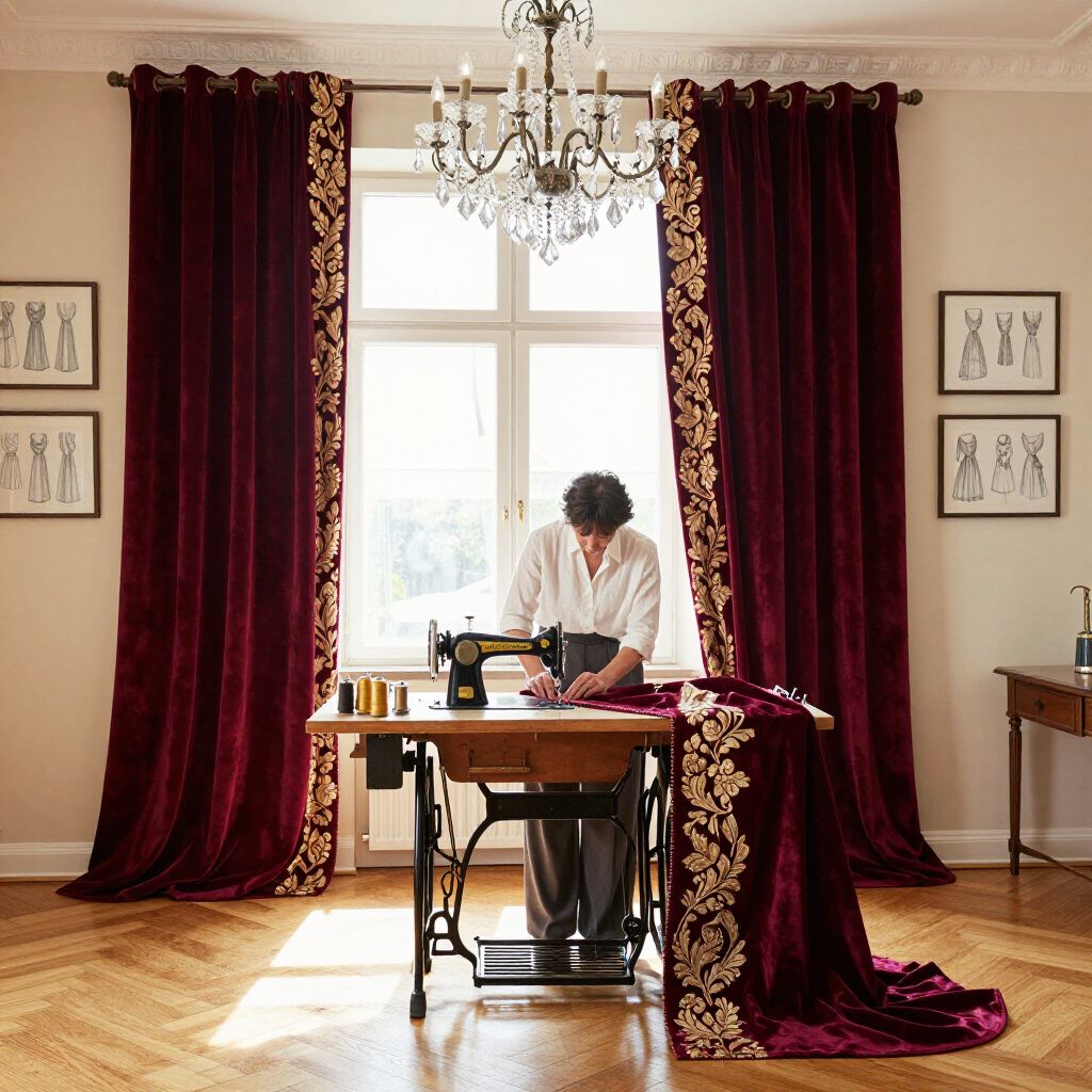 Dans une pièce bien éclairée, une femme coud sur une machine à coudre ancienne près d'une fenêtre encadrée de rideaux rouges à bordure dorée.