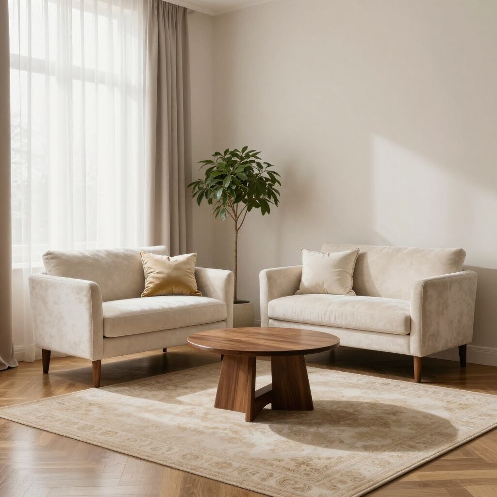 Salon avec deux canapés couleur crème, une table basse en bois et un tapis. Un arbre se trouve près d'une fenêtre aux rideaux beiges.