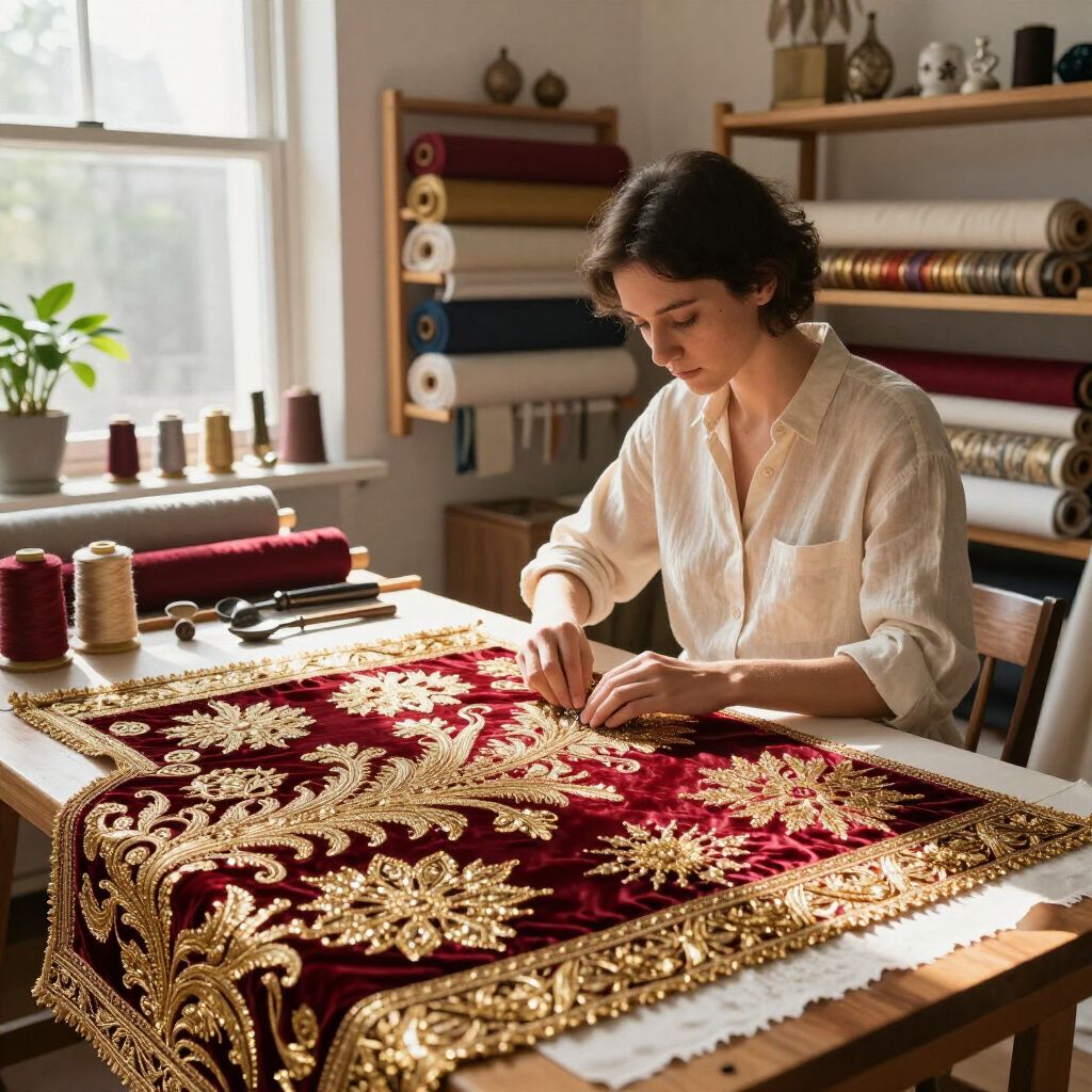Femme cousant des broderies dorées ornementales sur un textile de velours rouge, assise à une table en bois dans un atelier.