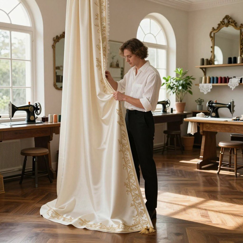 Une personne ajuste un rideau couleur crème dans un atelier ensoleillé équipé de machines à coudre, de miroirs et de tables en bois.