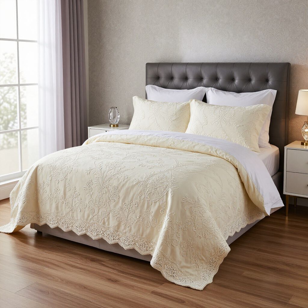 Un couvre-lit couleur crème sur un lit, avec des oreillers assortis et une table de chevet.