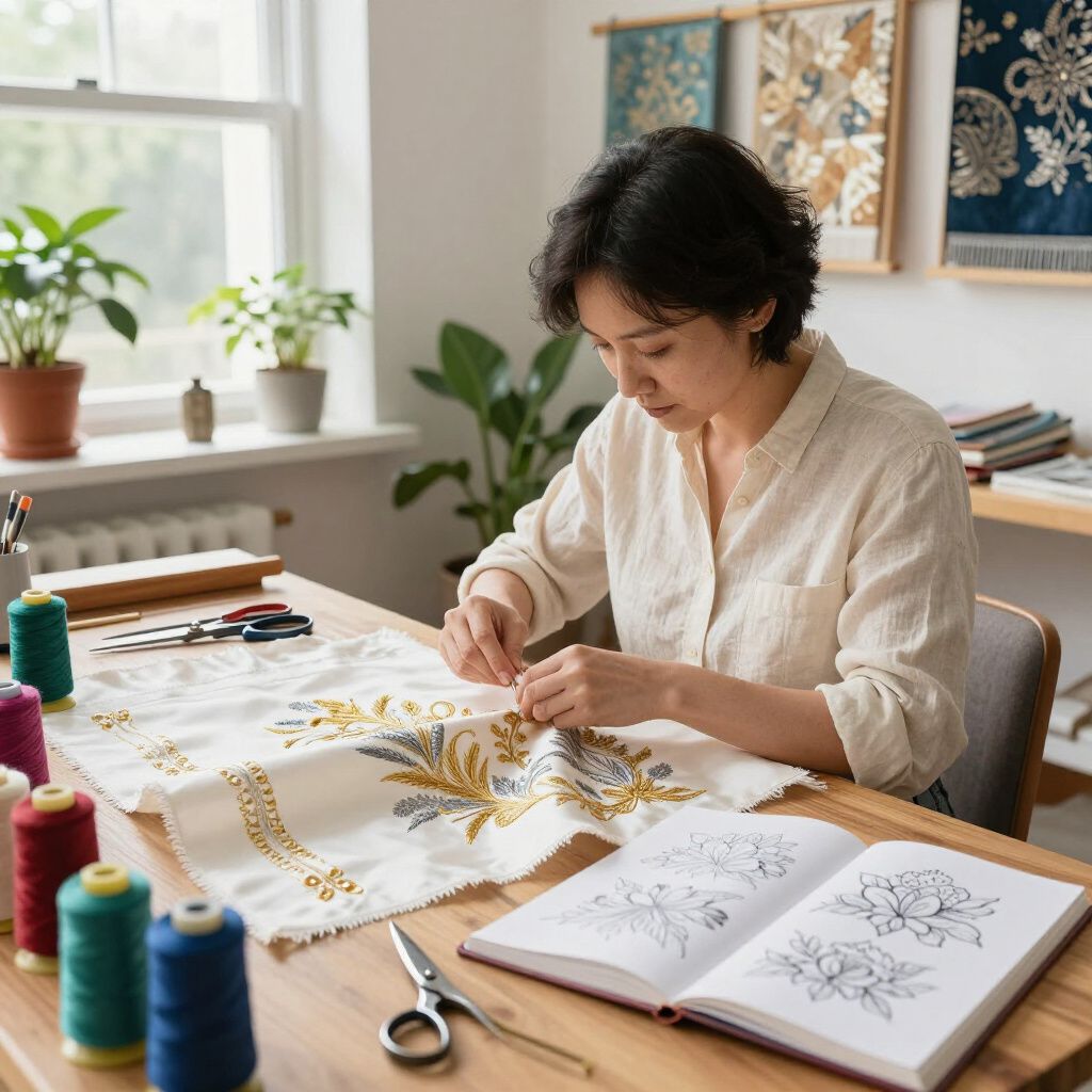 Une femme brode un motif ornemental sur un tissu, assise à une table en bois, avec des bobines de fil et un livre de modèles.