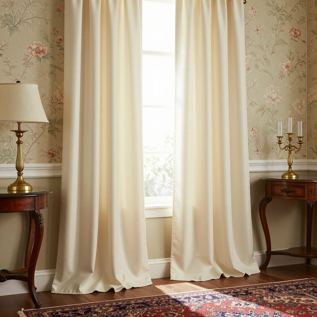 Des rideaux couleur crème encadrent une fenêtre dans une pièce au papier peint fleuri, flanquée de tables et de lampes anciennes.