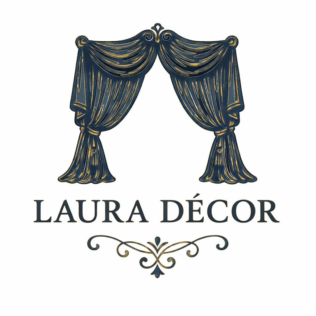 Logo de Laura Décor : rideaux bleu marine drapés sur un accent doré. Texte : Laura Décor.