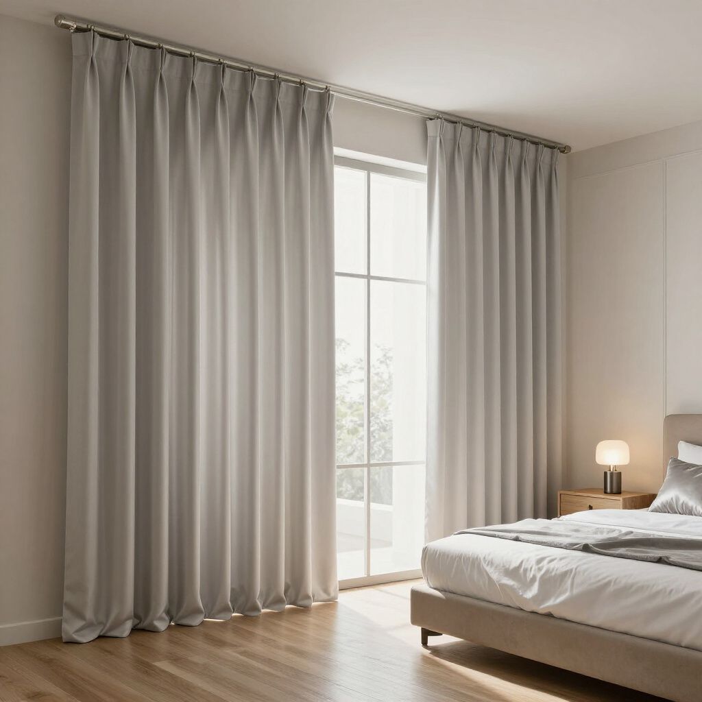 Chambre avec des rideaux gris à la fenêtre, un lit, une table de chevet avec une lampe et un parquet.