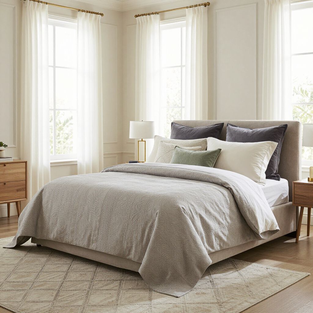 Chambre avec un lit recouvert de draps gris, deux fenêtres, deux tables de chevet et un tapis à motifs.