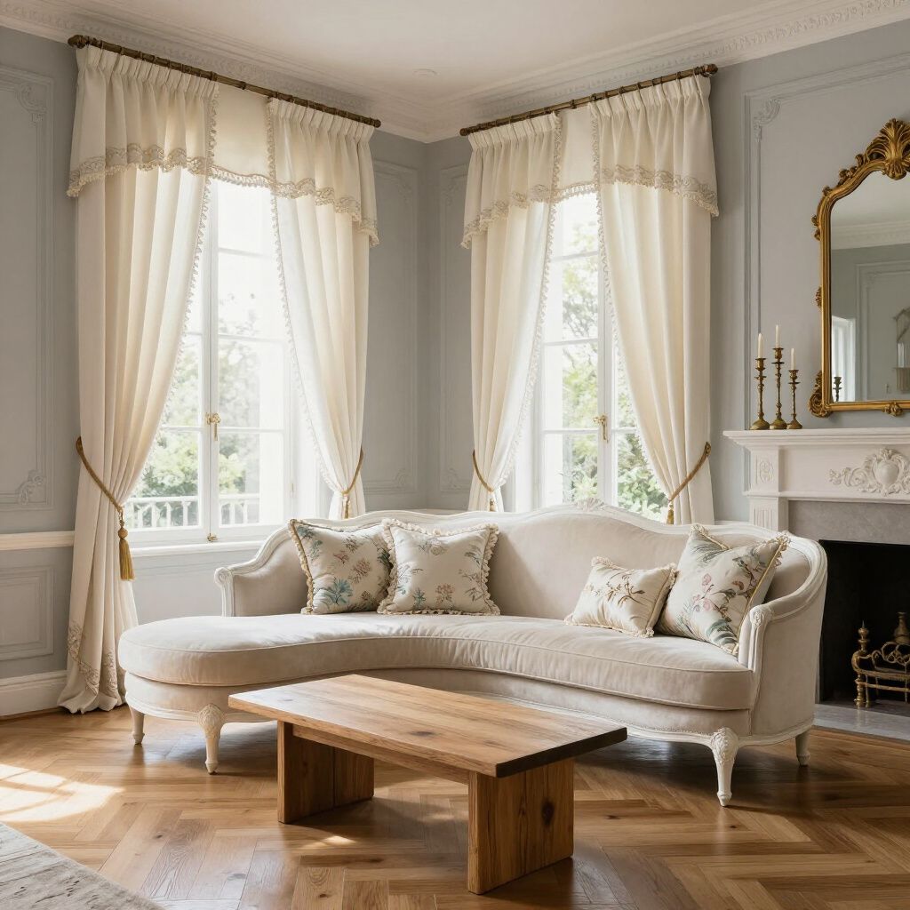 Salon élégant avec un canapé incurvé couleur crème, une table basse en bois et de grandes fenêtres habillées de rideaux couleur crème.