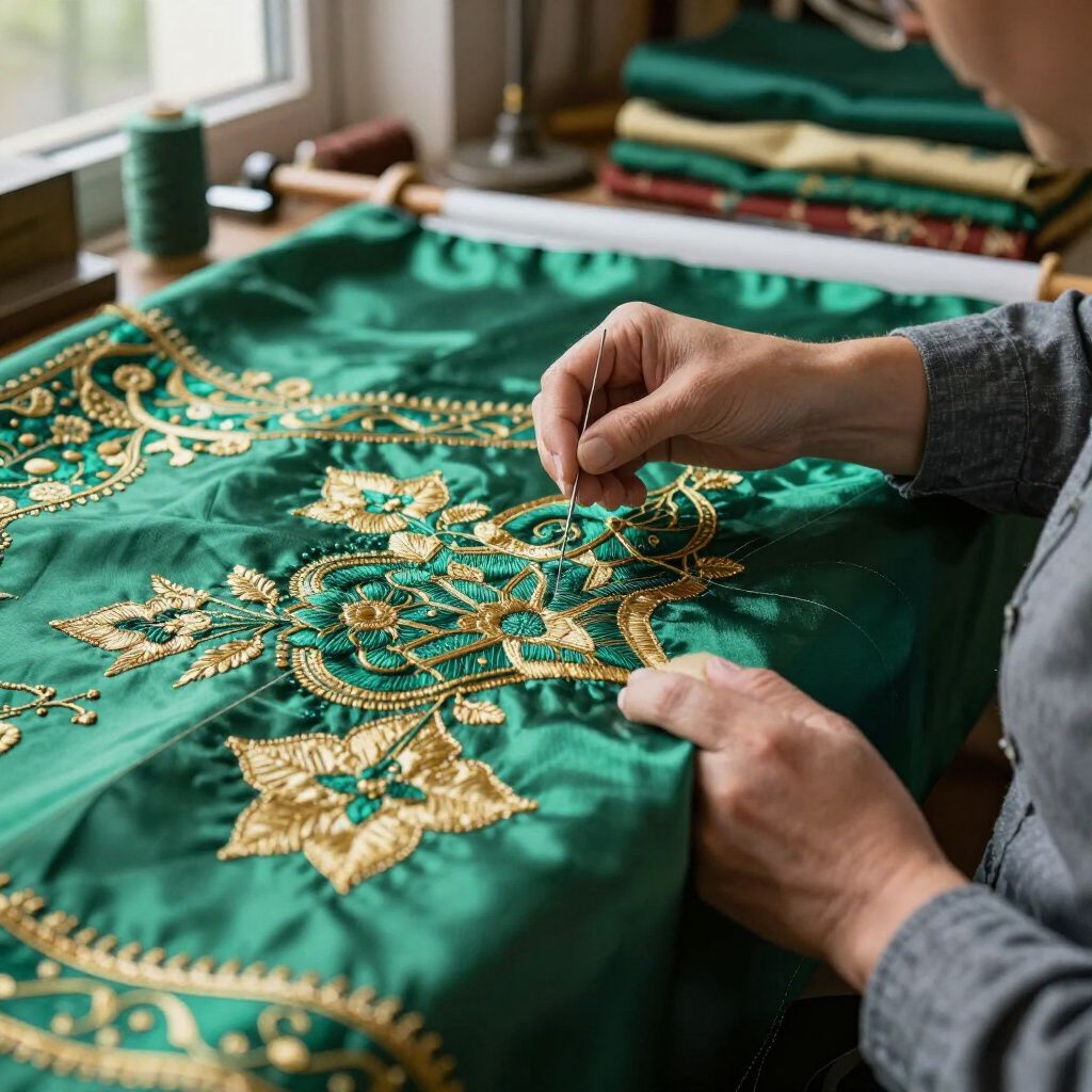 Des mains brodant du fil d'or sur un tissu vert tendu sur un cadre en bois.