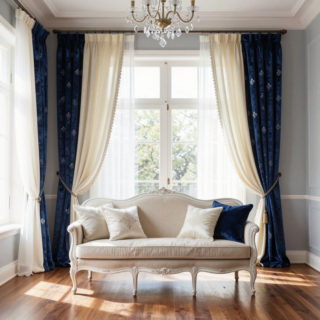 Salon avec canapé crème, rideaux bleus et crème, et lustre.