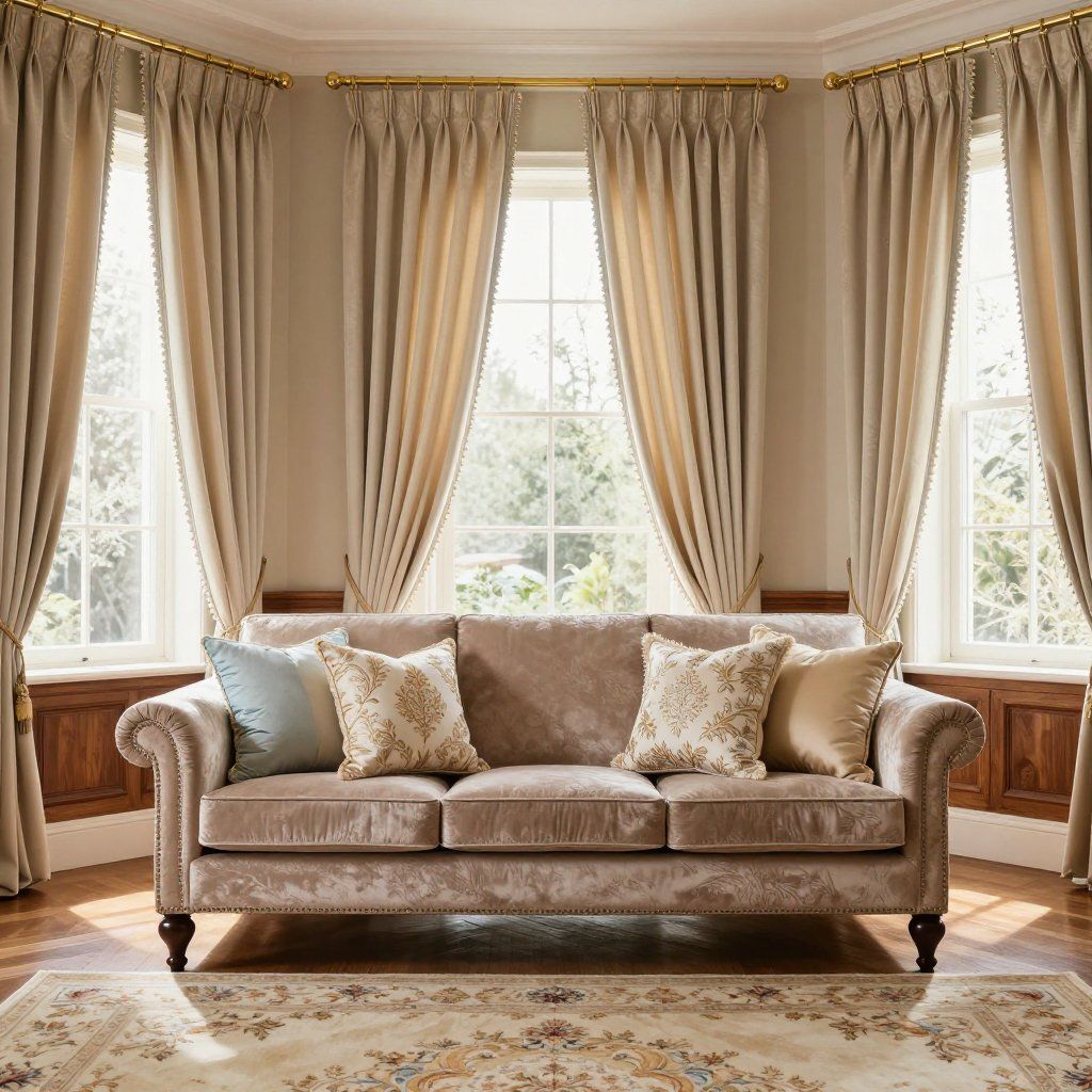 Canapé en velours beige dans une pièce avec rideaux assortis et coussins à motifs floraux.