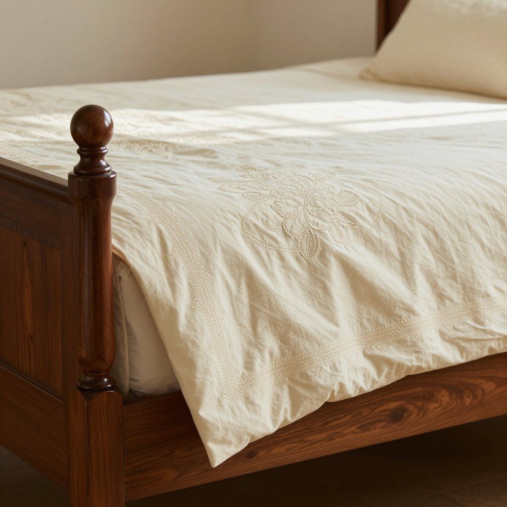 Lit en bois avec linge de lit couleur crème orné de broderies florales et un oreiller.