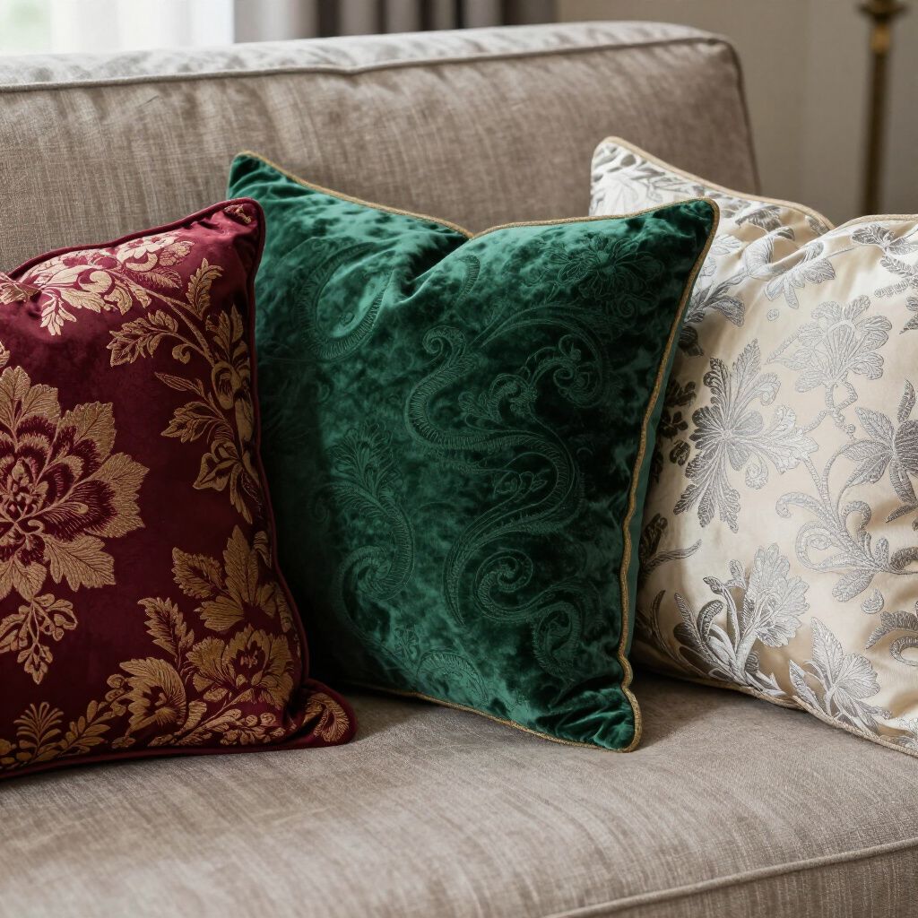 Trois coussins décoratifs : un à motifs floraux bordeaux, un à motifs cachemire vert émeraude et un à motifs floraux ivoire, sur un canapé beige.