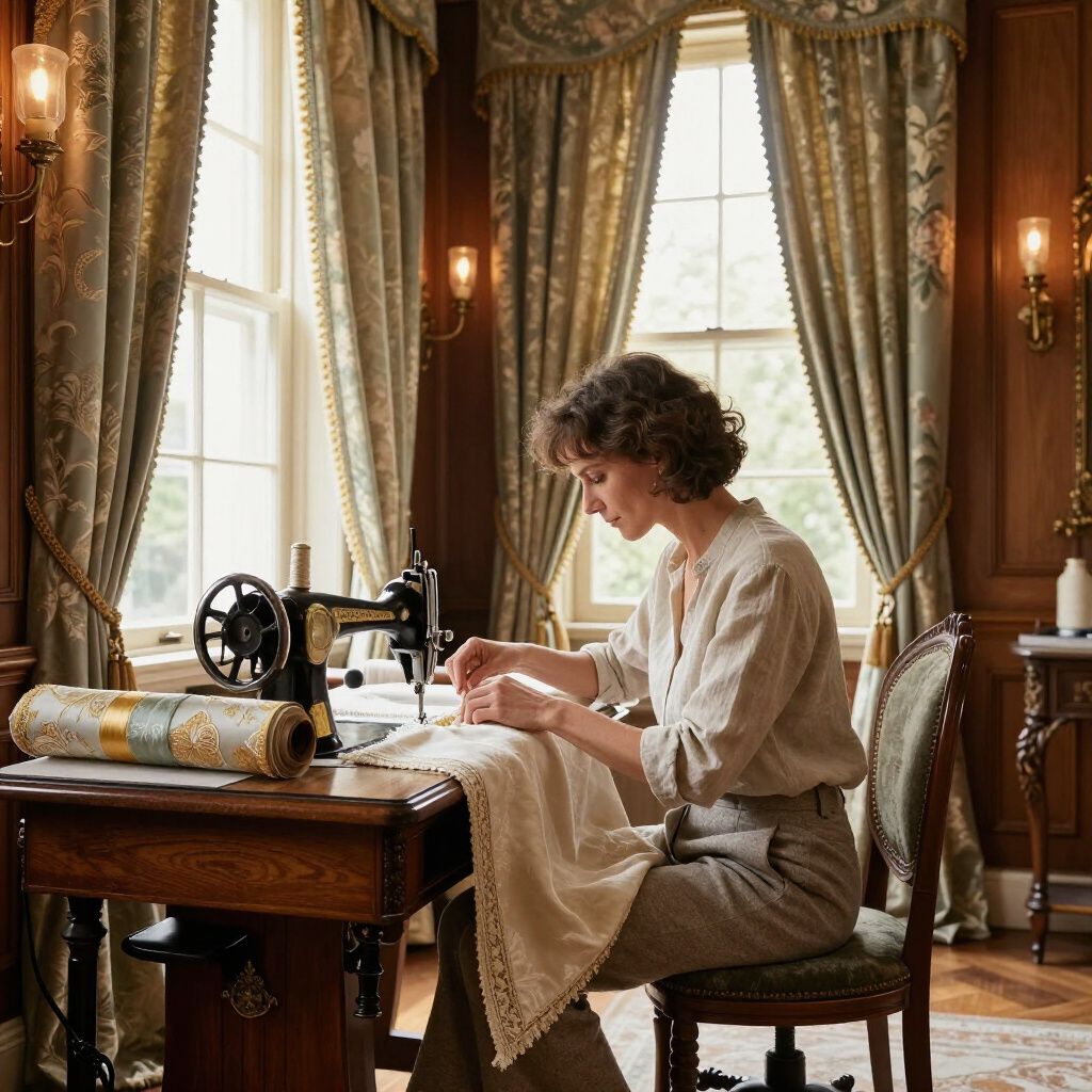 Une femme coud sur une machine à coudre ancienne dans une pièce lambrissée ornée de rideaux et d'appliques.