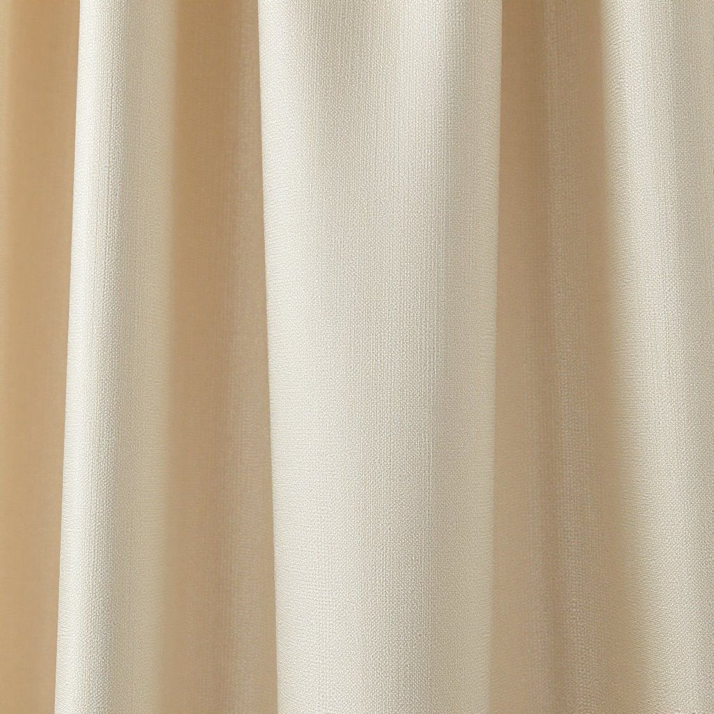 Gros plan sur des panneaux de rideaux couleur crème, en tissu texturé avec des plis verticaux.