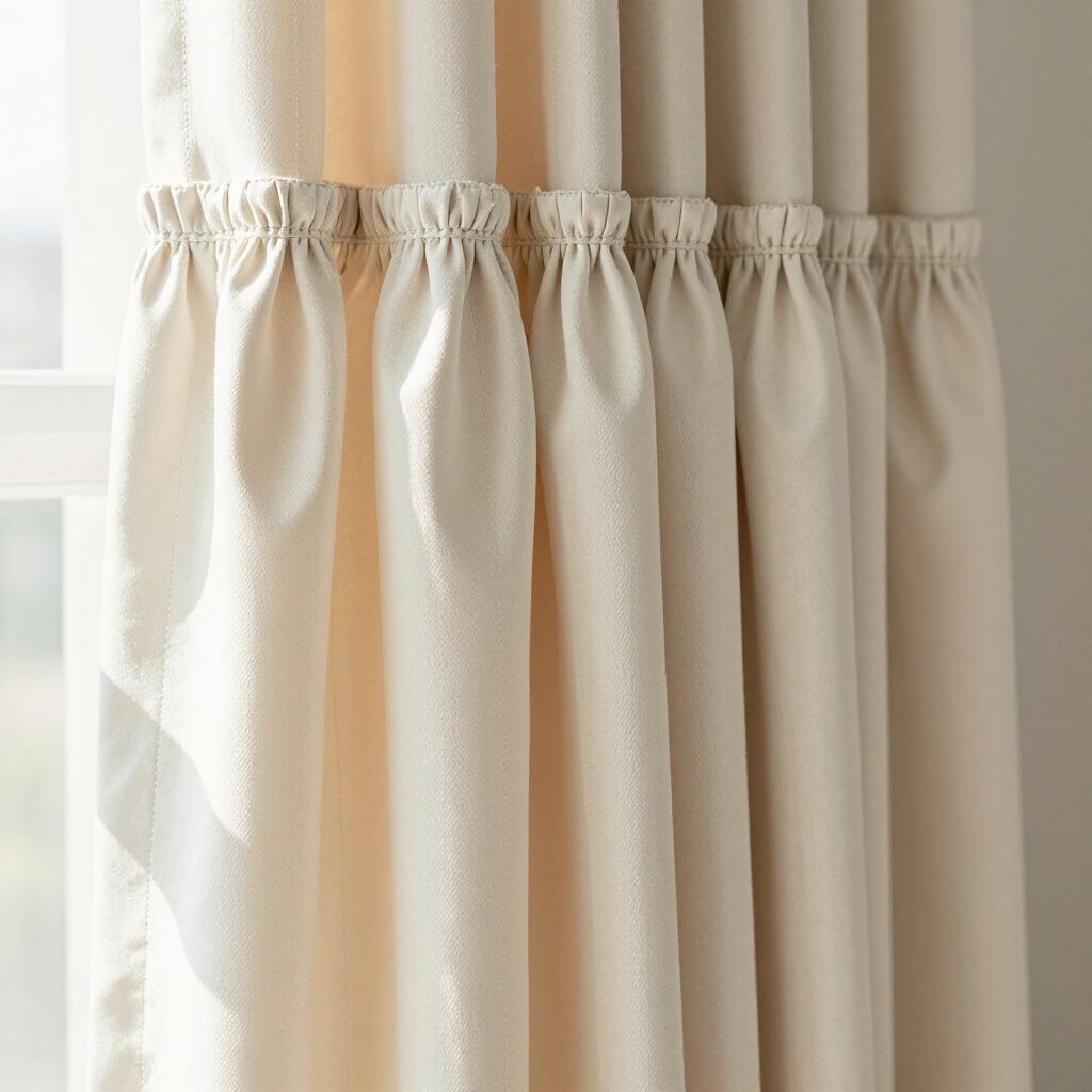 Rideaux beiges à fronces en haut, suspendus devant une fenêtre.