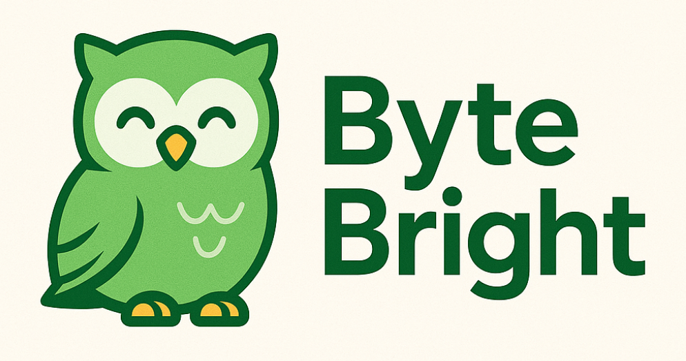 A green owl is sitting next to the words byte bright.