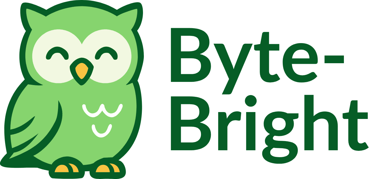 A green owl is sitting next to the words byte bright.