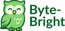 A green owl is sitting next to the words byte bright.