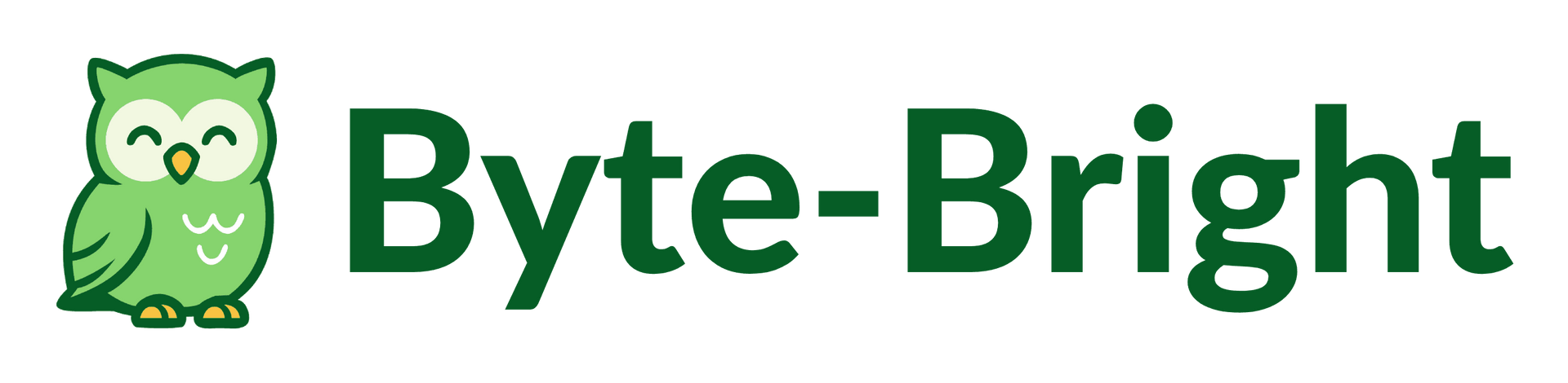 A green owl is sitting next to the words byte bright.