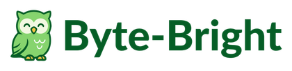 A green owl is sitting next to the words byte bright.