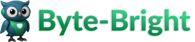 A green owl is sitting next to the words byte bright.