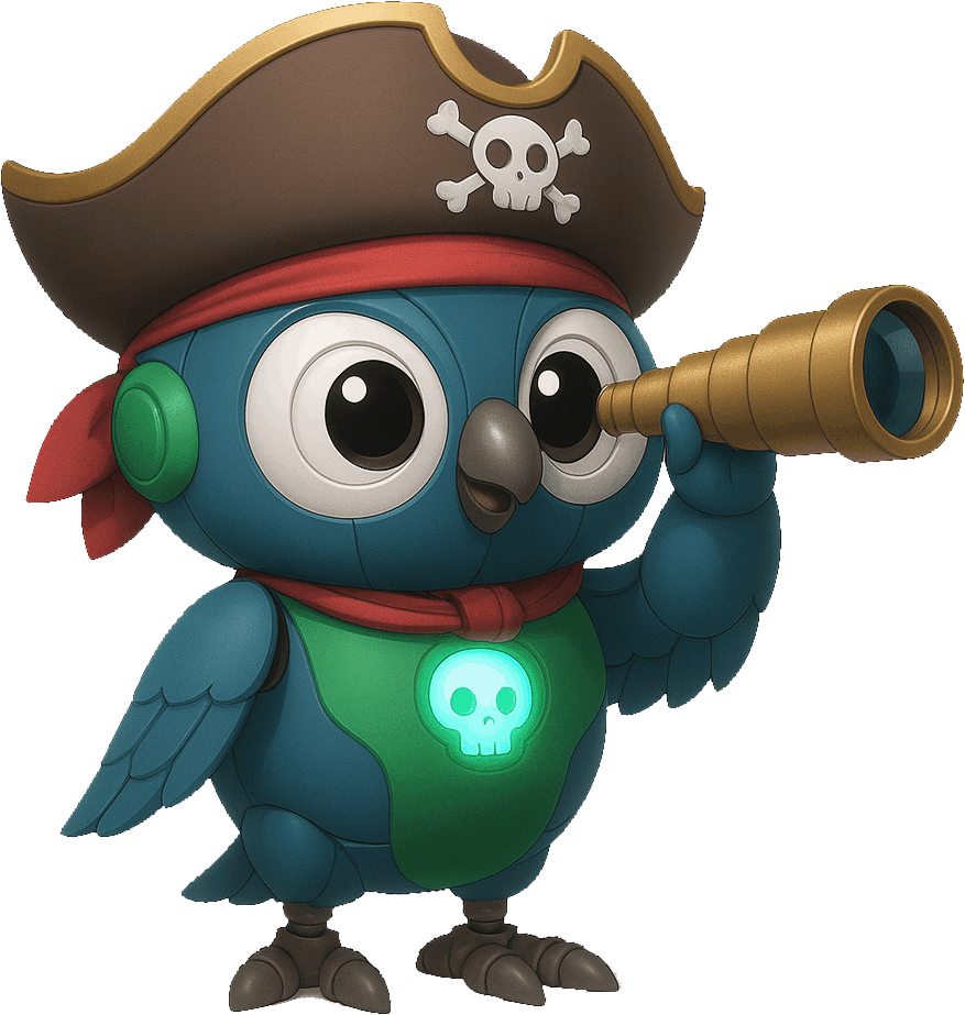 Cartoon blue bird pirate with a spyglass and skull symbol on its chest.