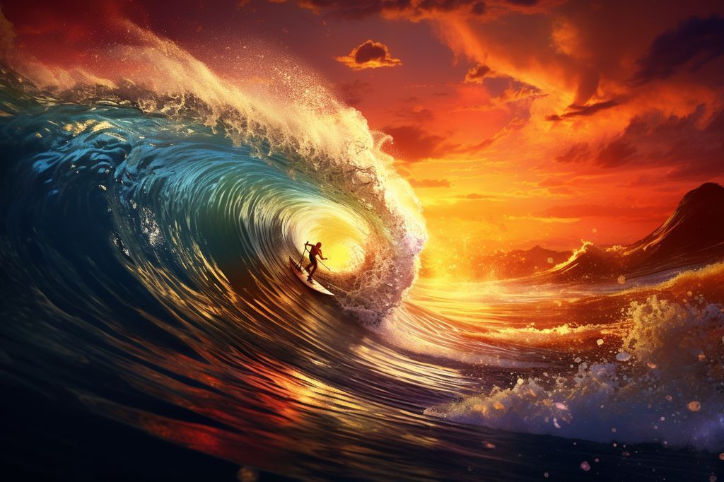 A surfer is riding a wave in the ocean at sunset.