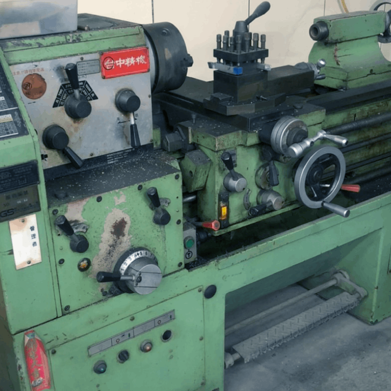 A green lathe with a red sticker that says ' a ' on it