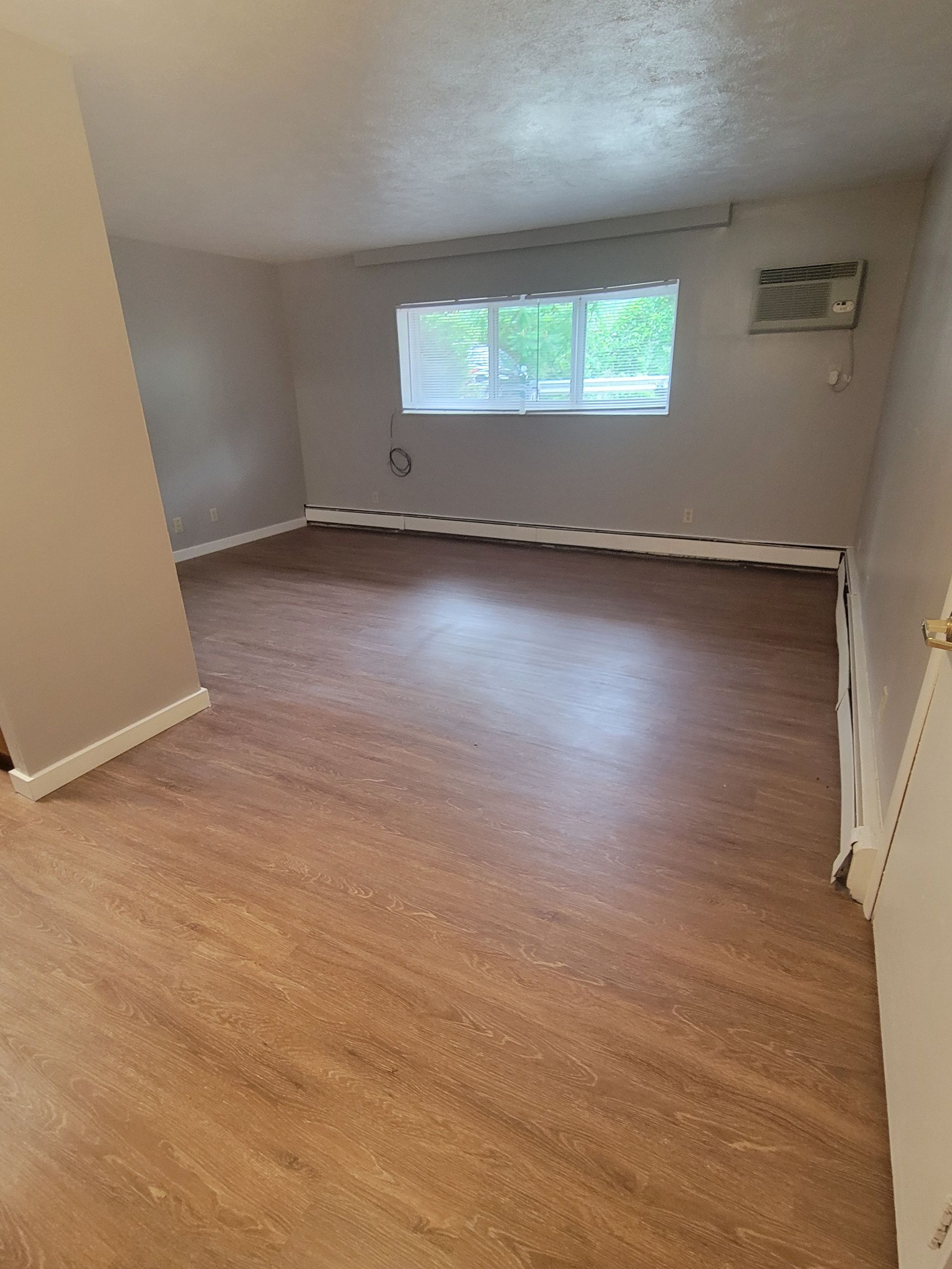 A living room with hardwood floors and a window.