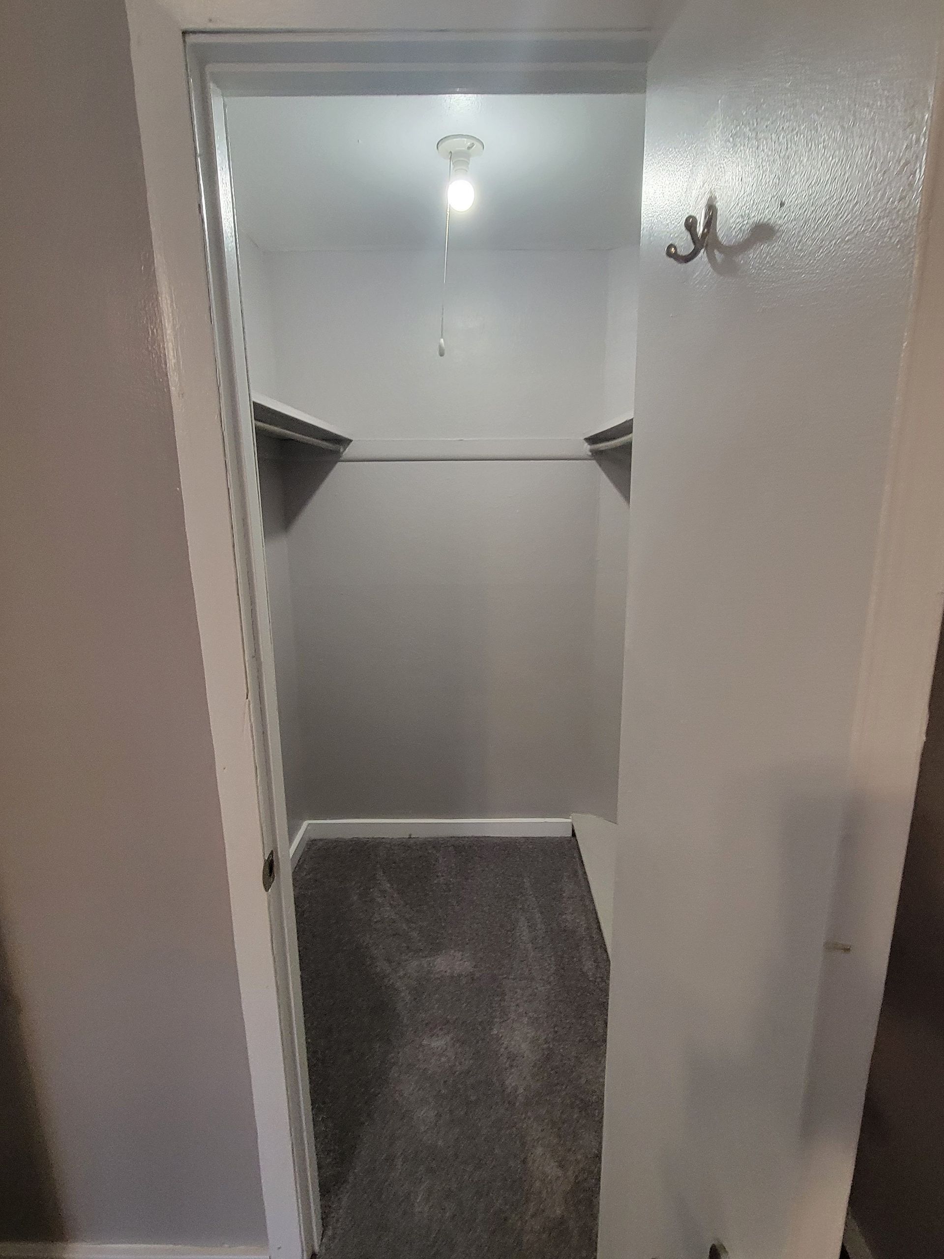 A closet with a door open and a light on the ceiling.