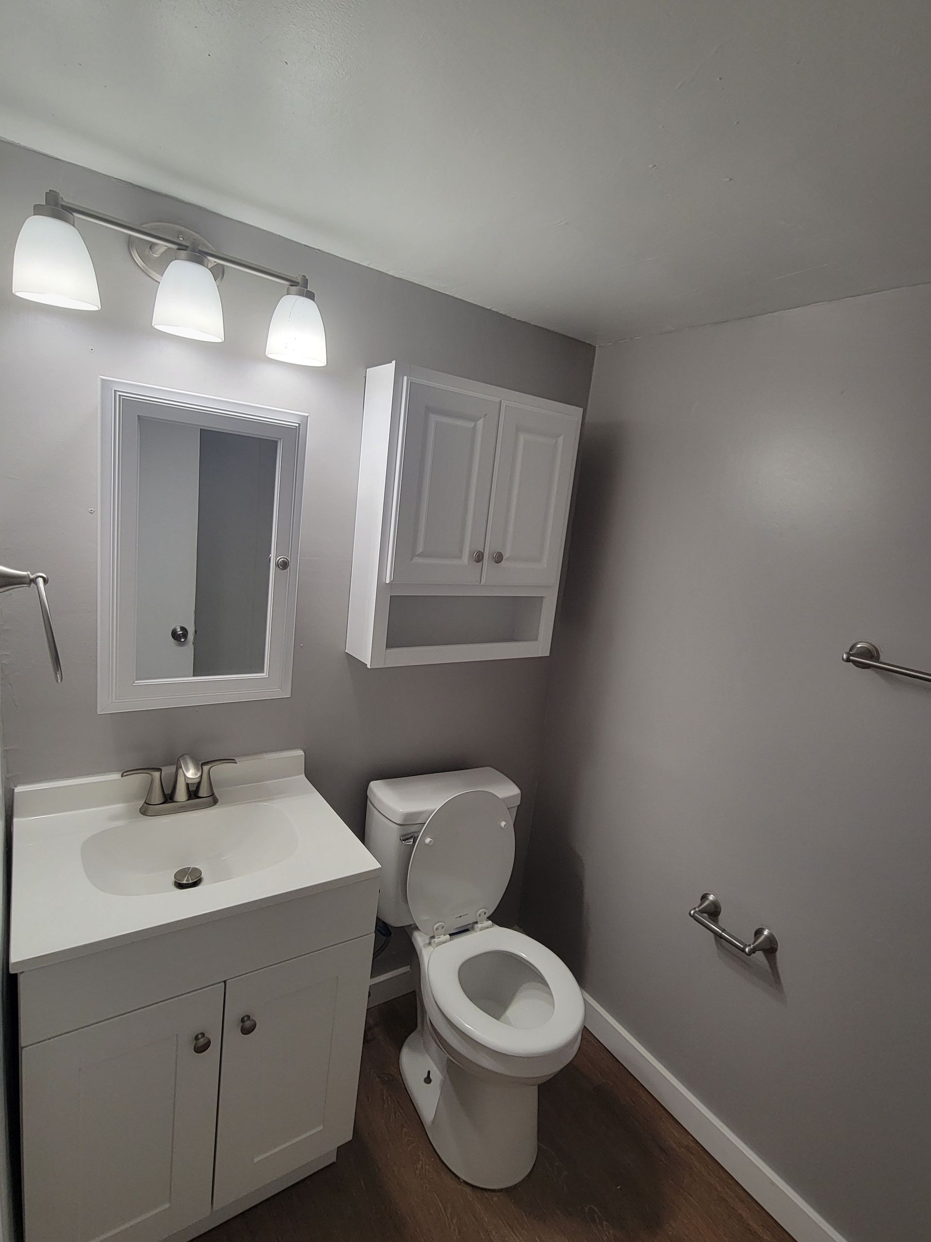 A bathroom with a toilet , sink and mirror.