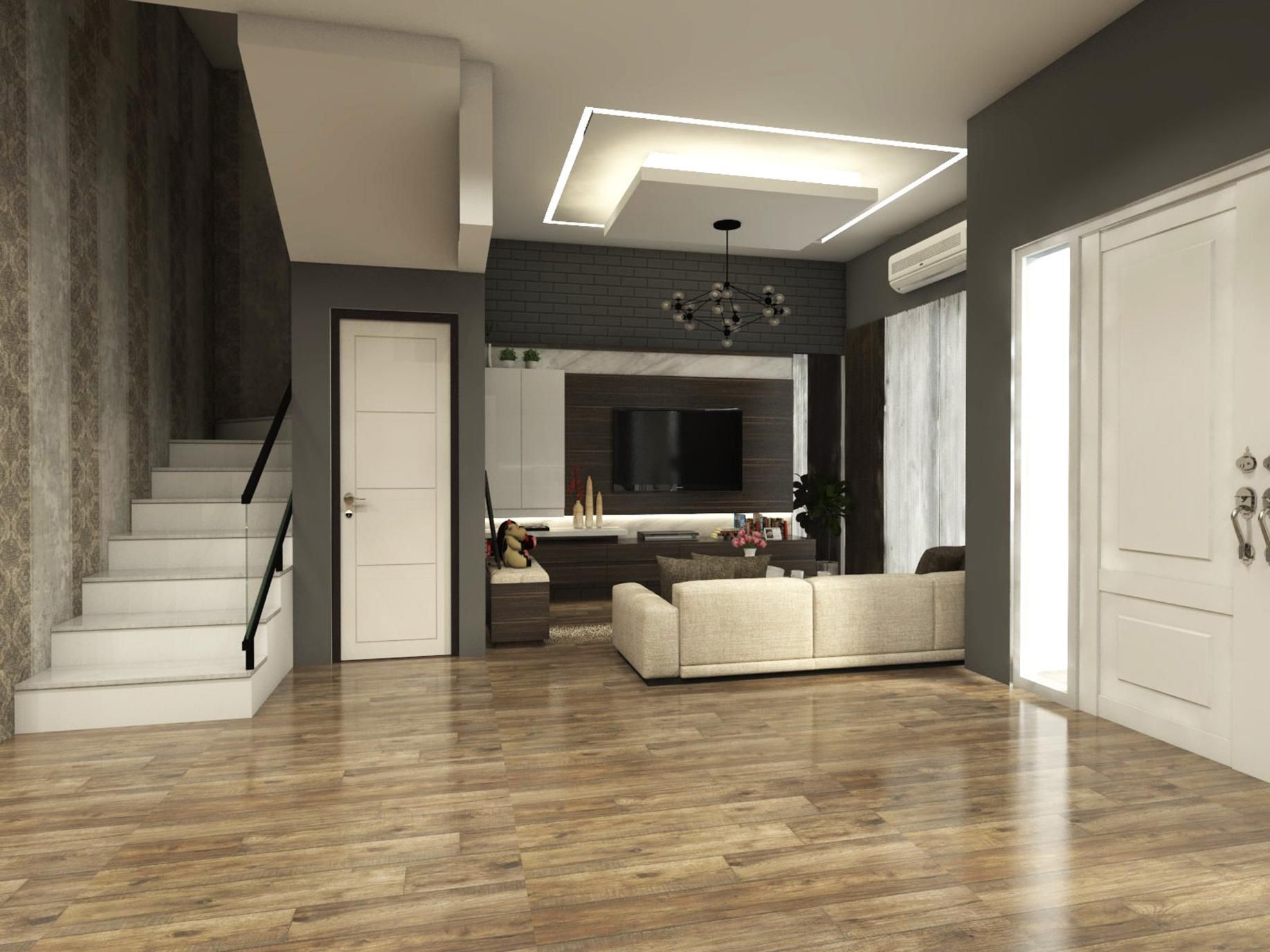 Living room with staircase, beige sofa, TV, and two white doors.