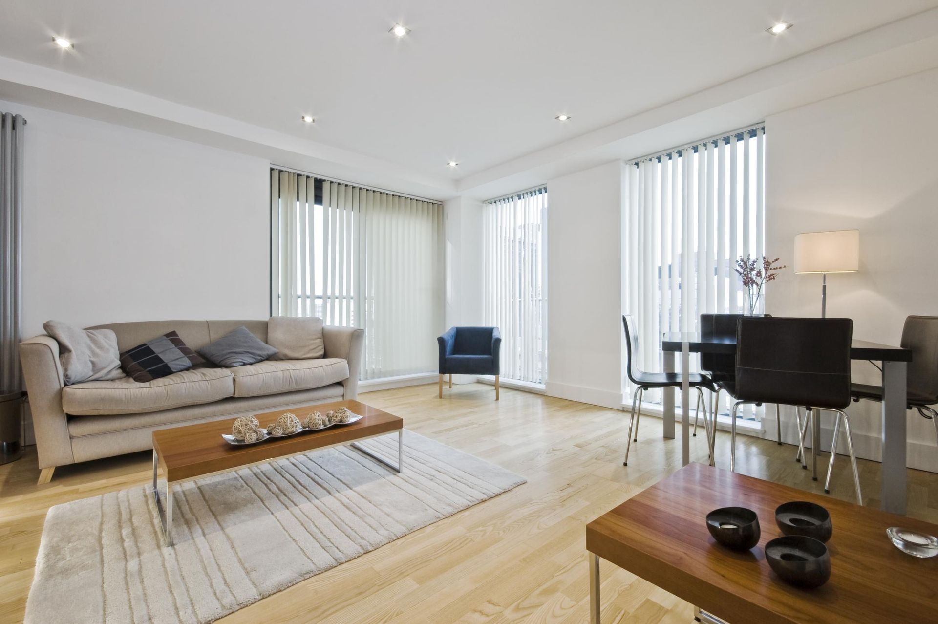 Modern living room with a sofa, dining table, and wooden floor.