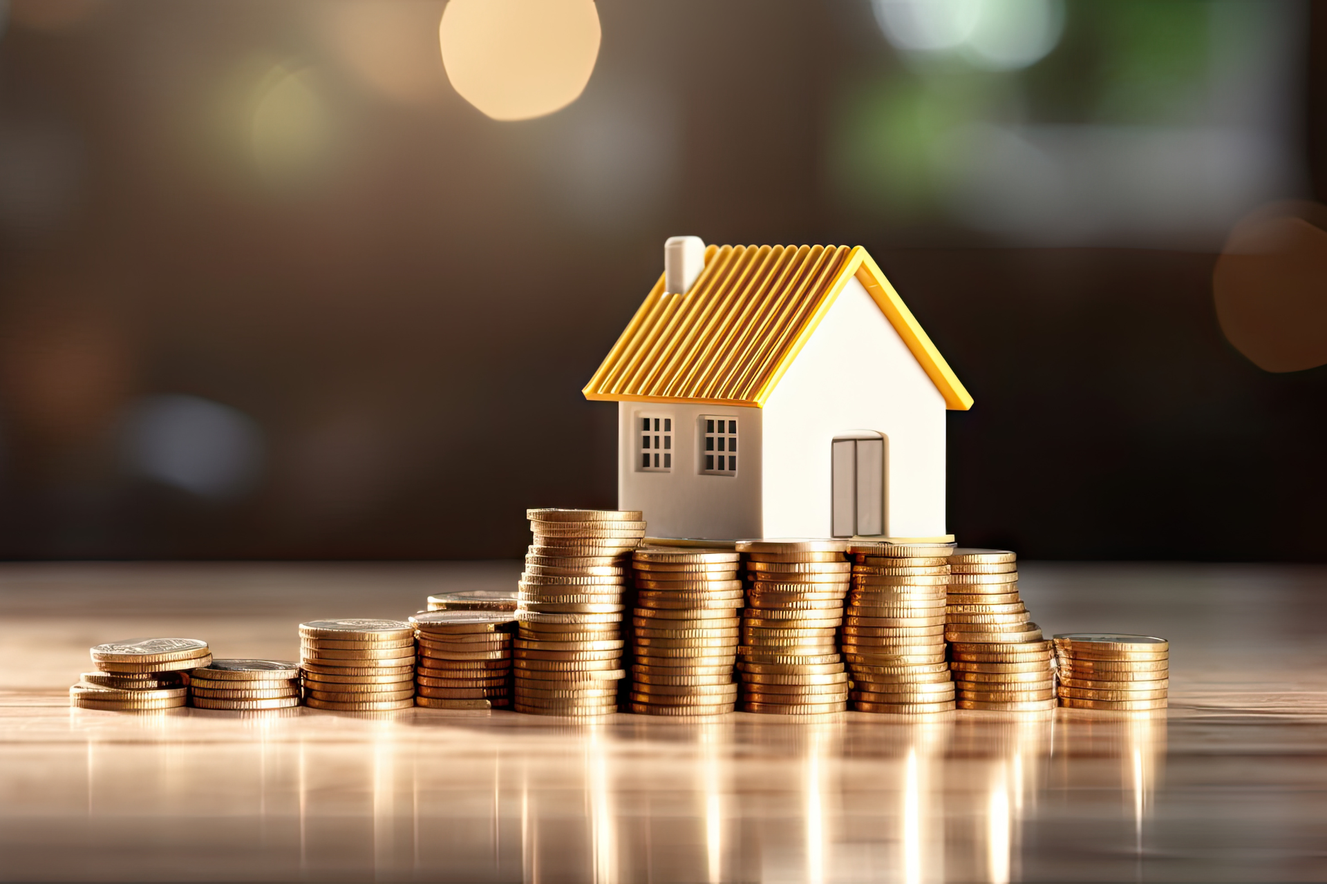 A model house is sitting on top of a pile of coins.