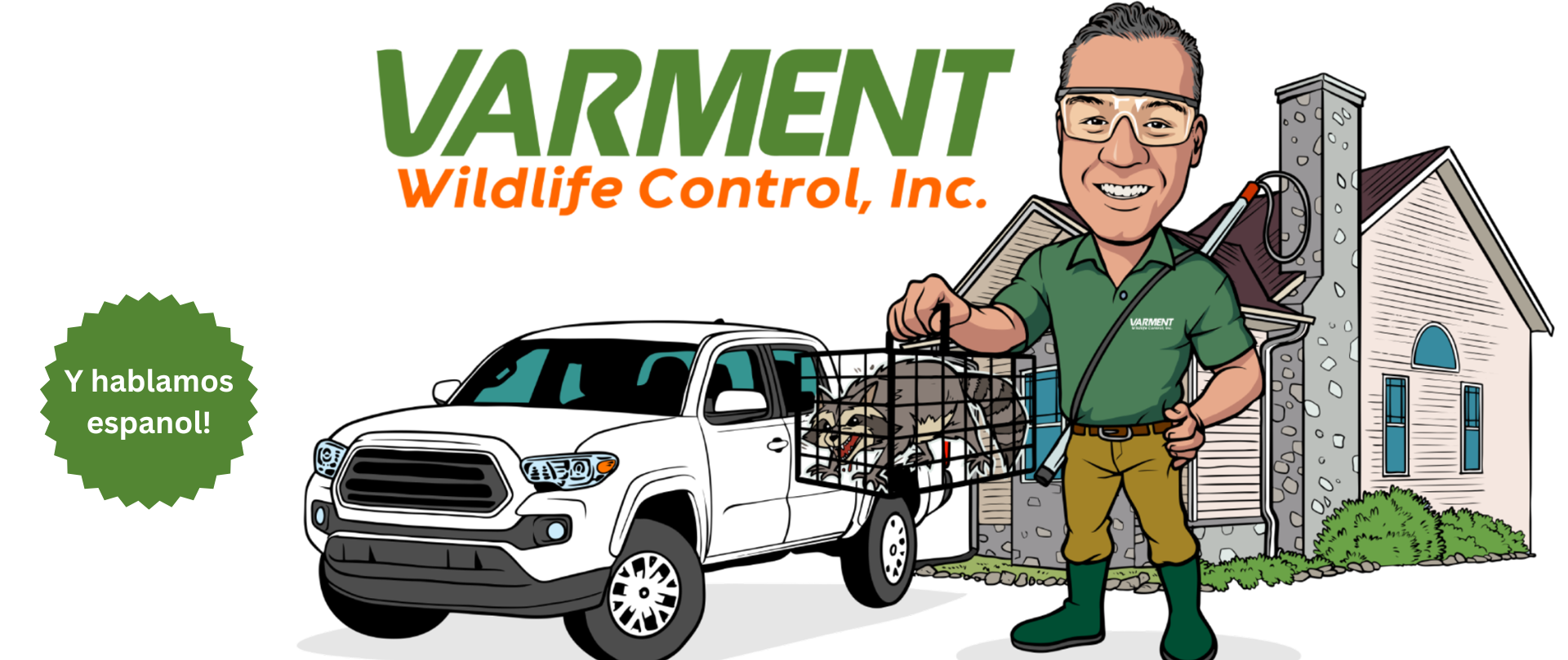 A cartoon of a man holding a cage in front of a truck.