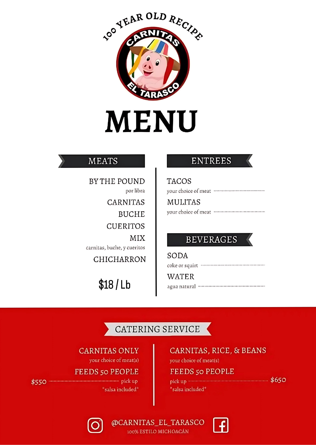 A menu for a restaurant with a picture of a pig on it.