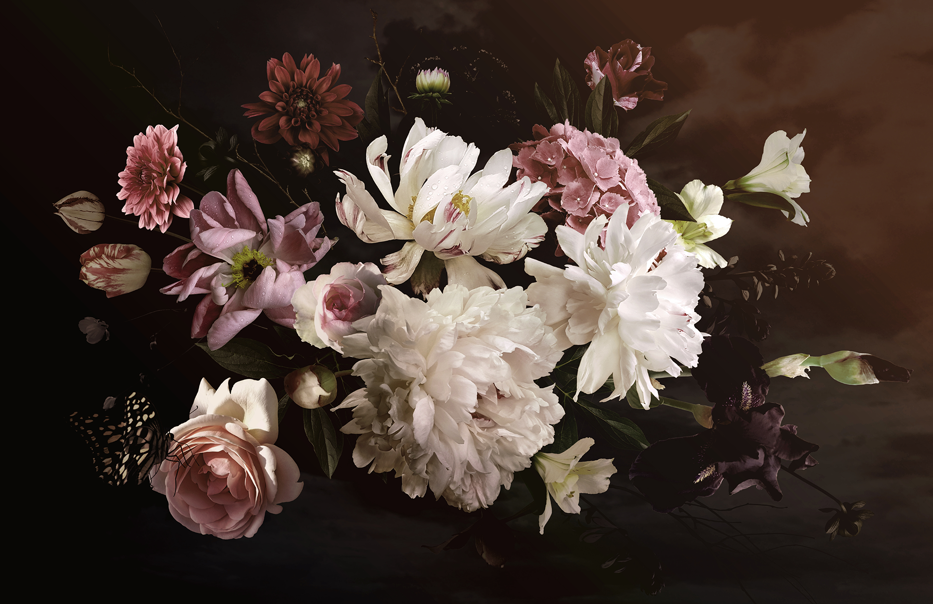 Close-up of a bouquet with white and pink peonies, dark background.