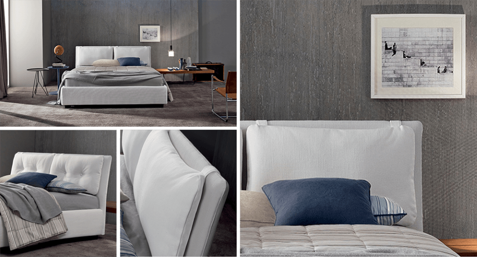 letto matrimoniale con rivestimento in tessuto bianco