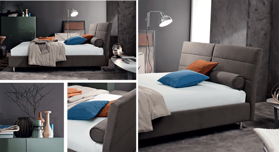 letto matrimoniale con spalliera alta e rivestimento in tessuto