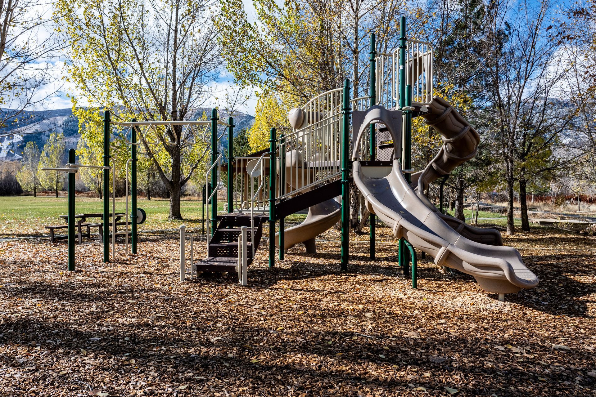 A playground with a slide and a swing set in a park.