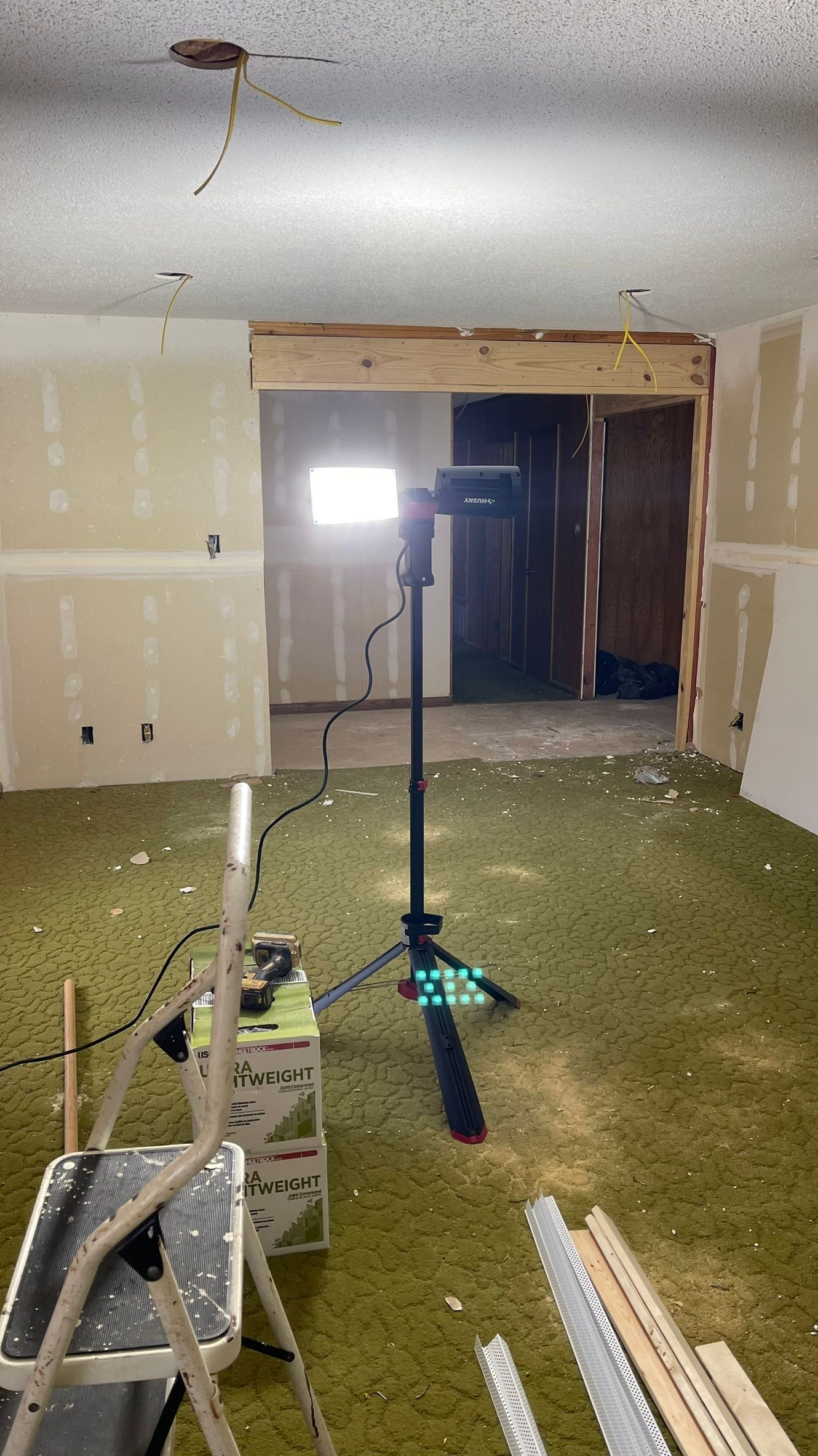 Room under renovation with a bright work light in the center. Green carpet, exposed walls, doorway.