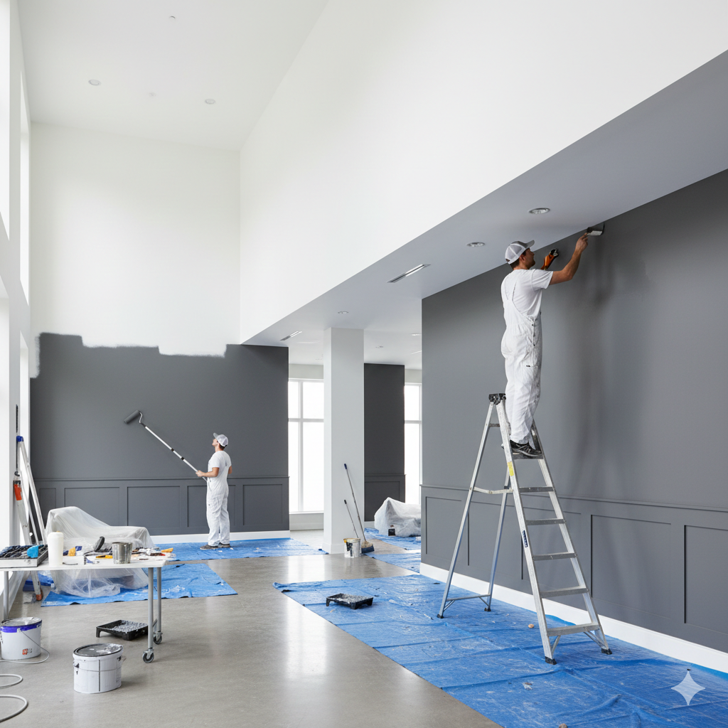 Two painters in white coveralls painting a gray wall with paint rollers and brushes in a large room.