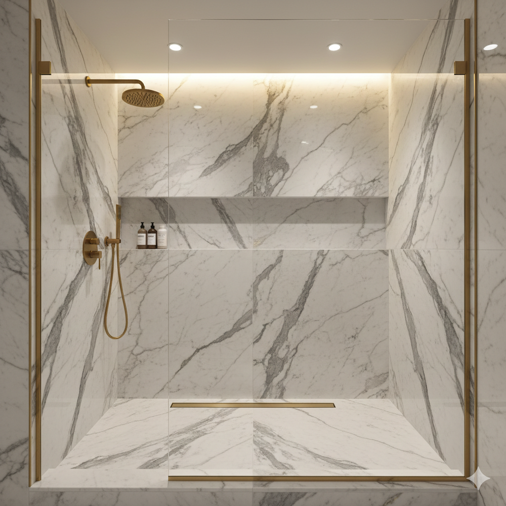 Luxury marble-tiled shower with gold fixtures, overhead rain shower, built-in shelf, and recessed lighting.