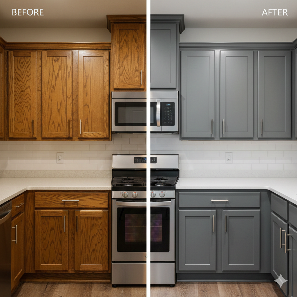 Kitchen cabinets before and after. Brown cabinets transformed to gray, with a stainless steel range.