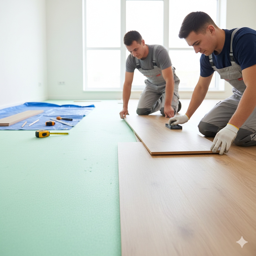 Two men installing wooden flooring, kneeling, wearing overalls and gloves in a room with a window.