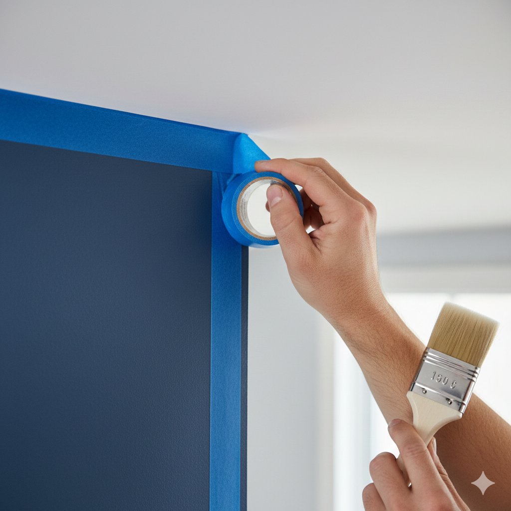 Person applying blue painter's tape to a wall corner with a paintbrush in hand.