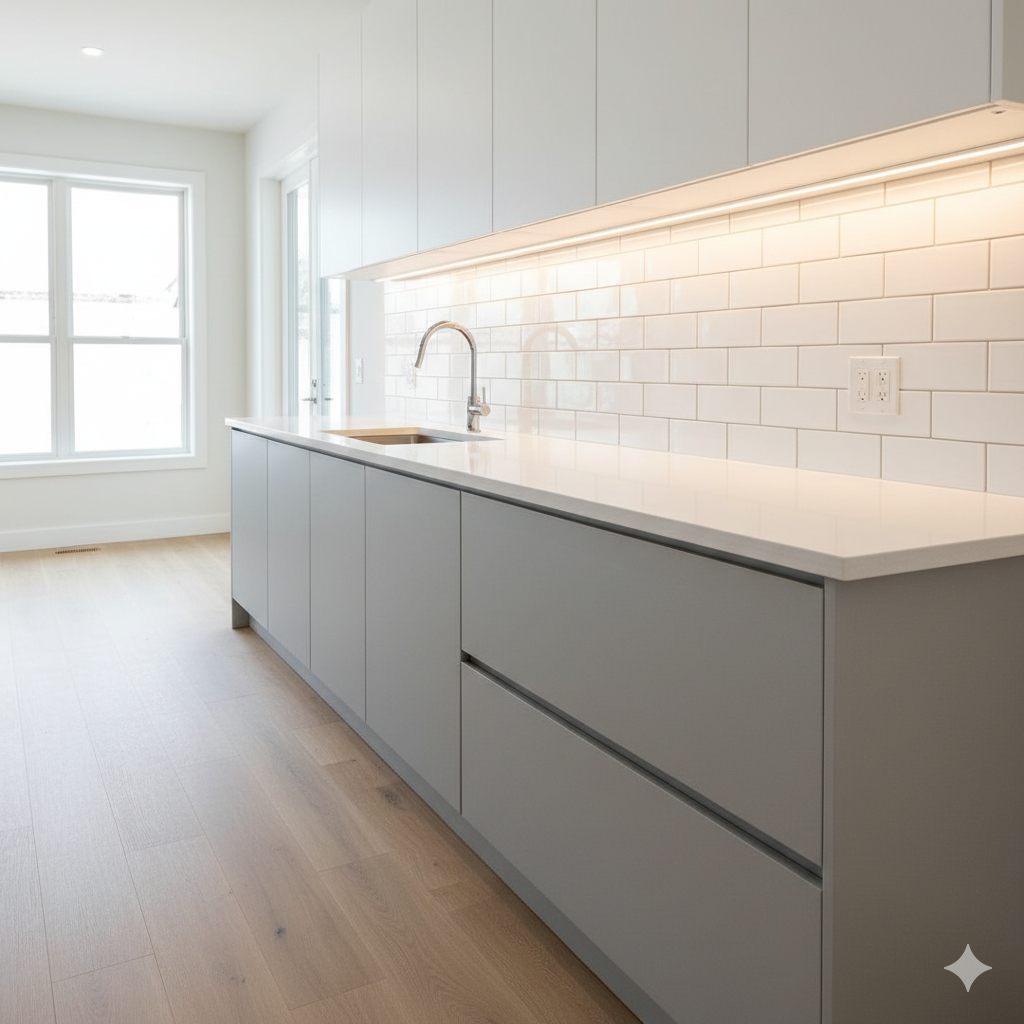 Modern kitchen with gray cabinets, white countertop, subway tile backsplash, and wood flooring.
