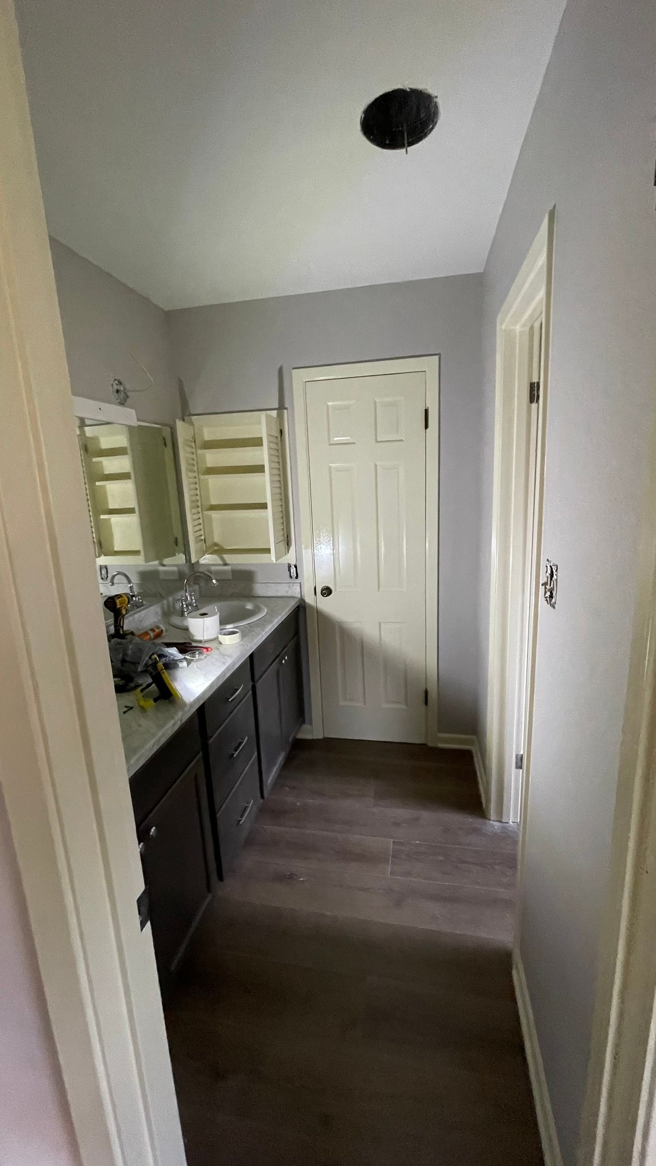 Bathroom with dark cabinets, light gray walls, white door, and dark flooring.